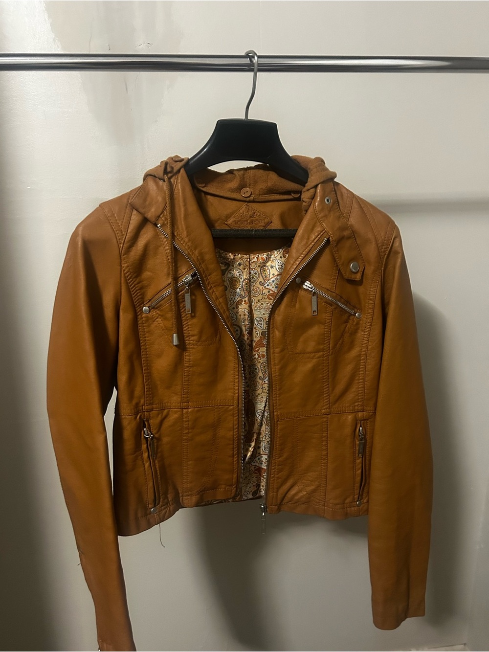 JouJou Brown Moto Jacket Removable Hood Vegan Leather Small